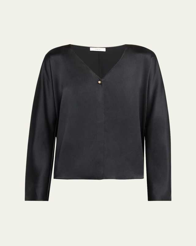 Long-Sleeve V-Neck Pearl Blouse